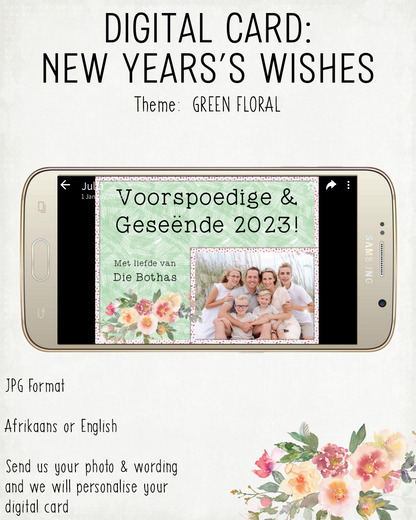DIGITAL CARD:  New Year's Wishes - Green Floral (Afrikaans & English)