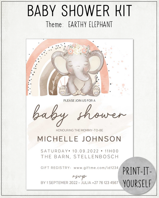 PRINT-IT-YOURSELF KIT:  Baby Shower - Earthy Elephant