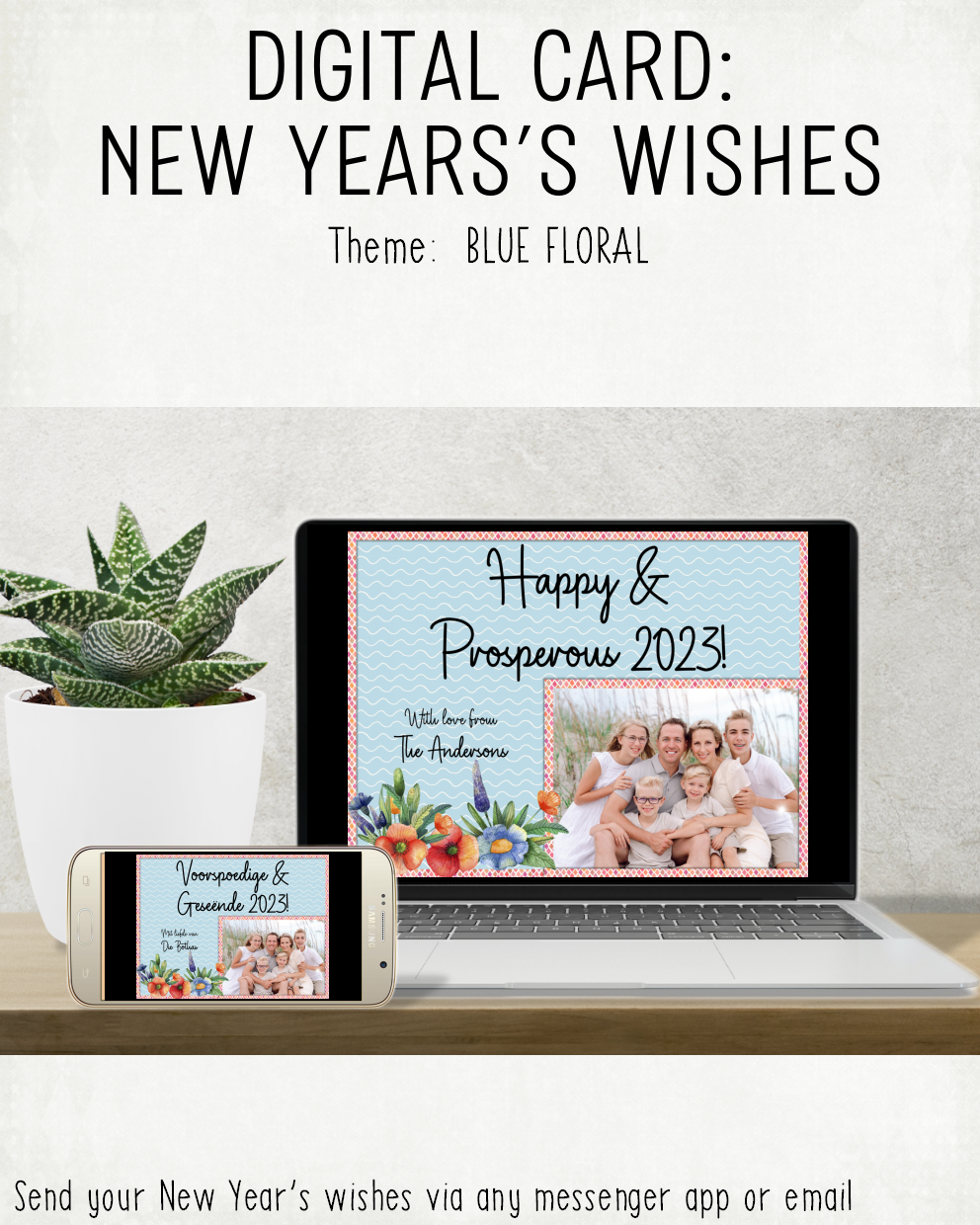 DIGITAL CARD: New Year's Wishes - Blue Floral (Afrikaans & English)