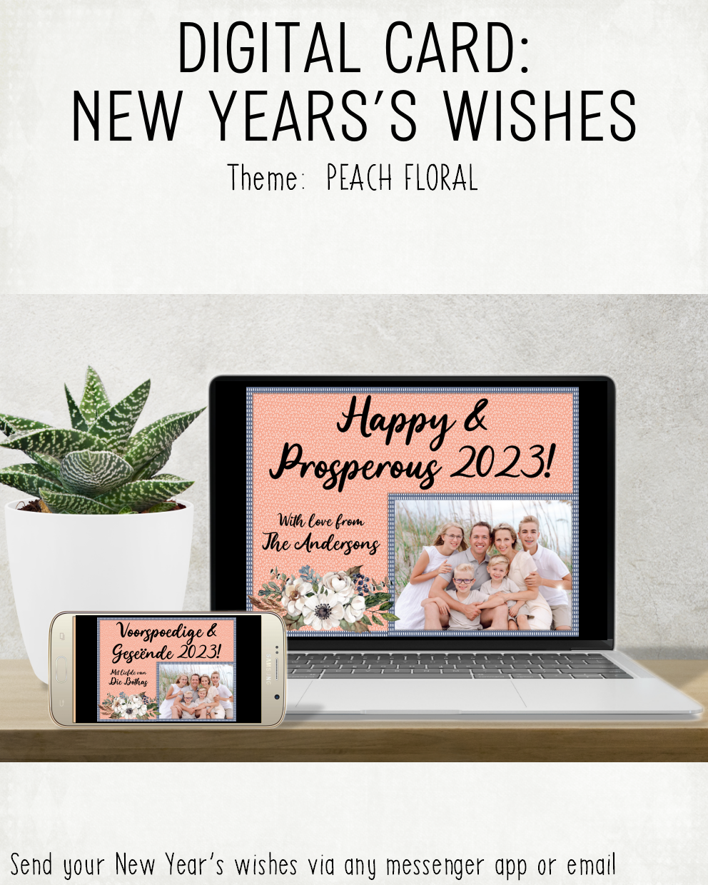 DIGITAL CARD: New Year's Wishes - Peach Floral (Afrikaans & English)