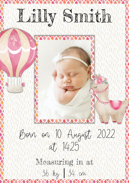 DIGITAL CARD: Baby Birth Announcement - Llama (English or Afrikaans)