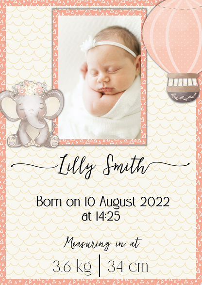 DIGITAL CARD:  Baby Birth Announcement - Peach Elephant (English or Afrikaans)