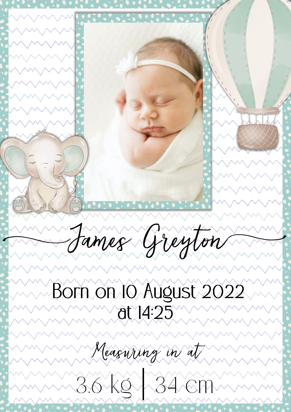 DIGITAL CARD: Baby Birth Announcement - Mint Elephant (English or Afrikaans)