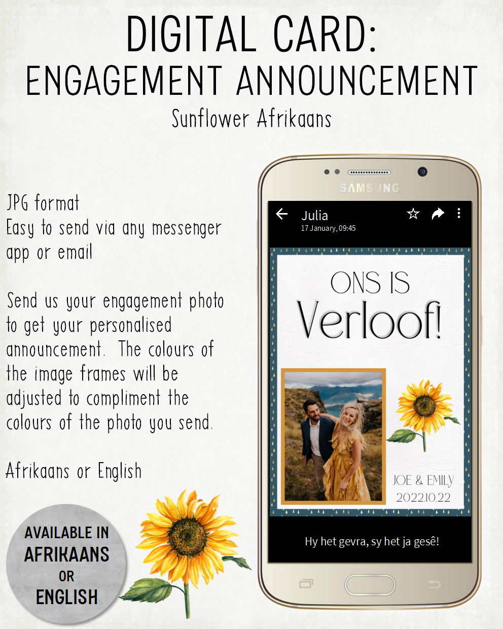 DIGITAL CARD: Engagement Announcement - Sunflower (Afrikaans)
