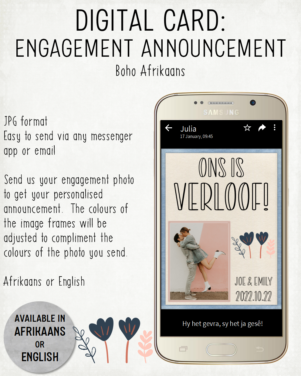 DIGITAL CARD: Engagement Announcement - Boho (Afrikaans)