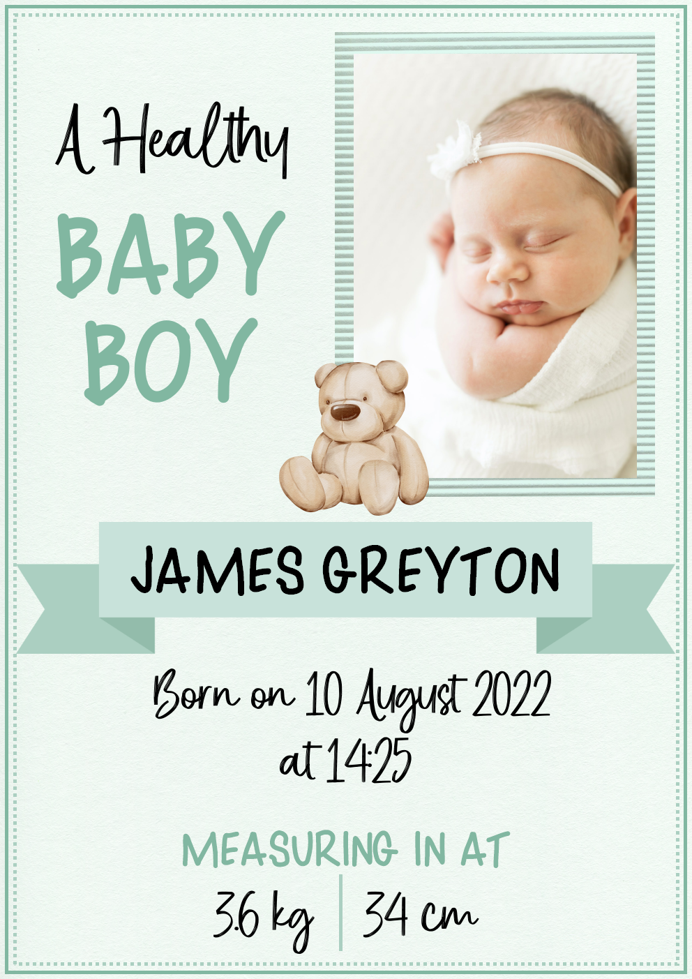 DIGITAL CARD: Baby Birth Announcement - Green Bear (Afrikaans or English)