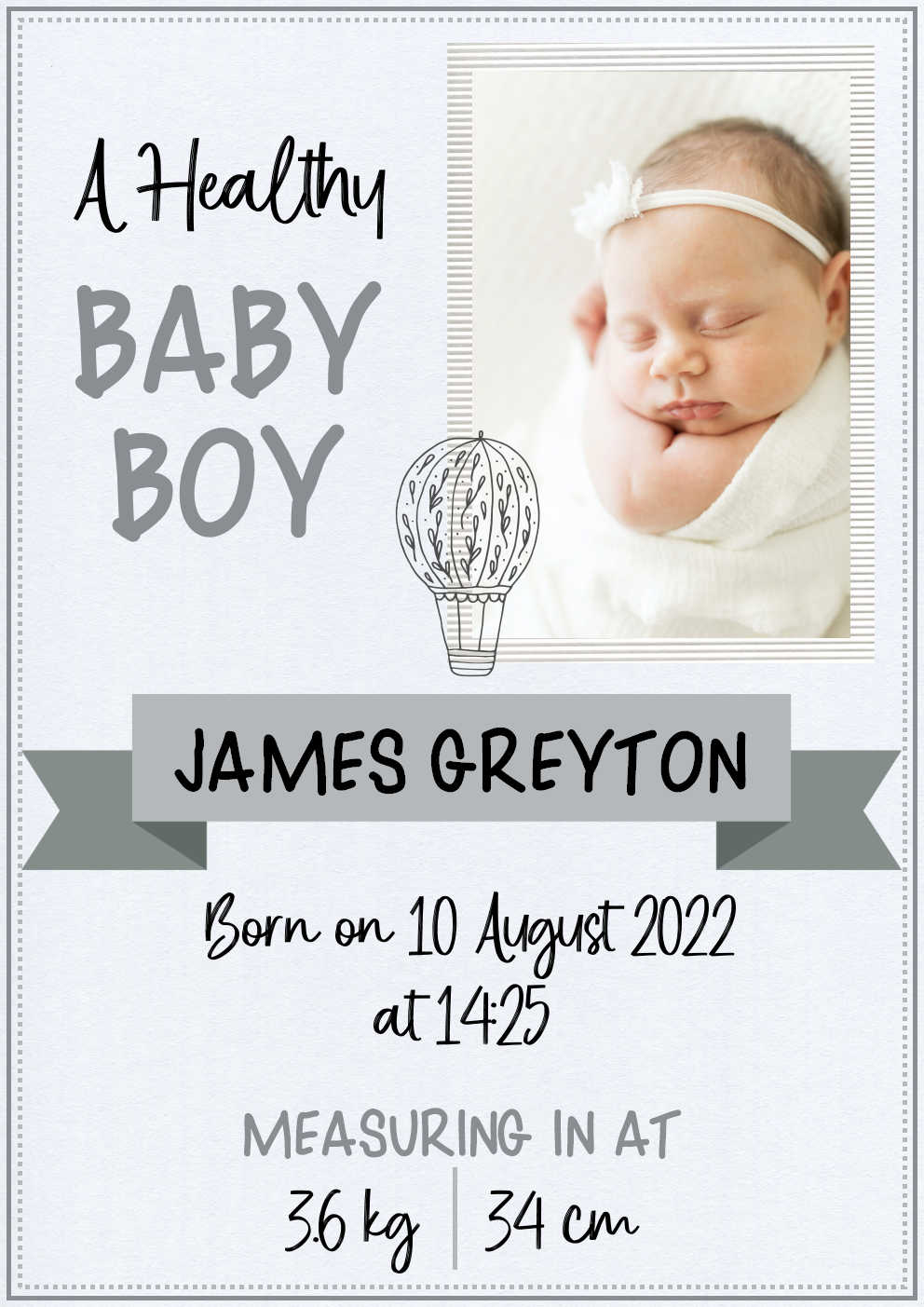 DIGITAL CARD: Baby Birth Announcement - Grey Balloon (English or Afrikaans)