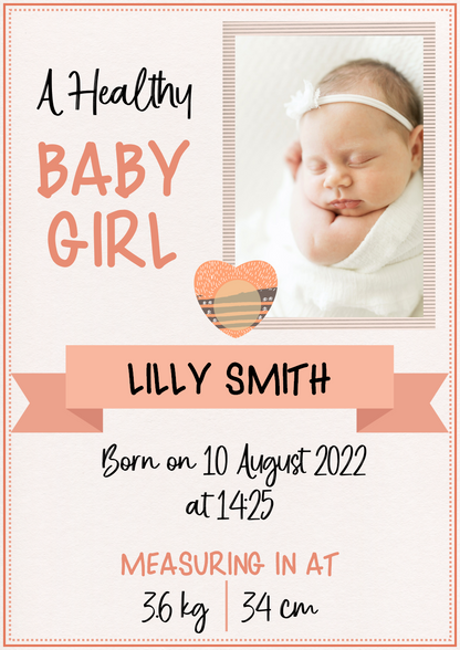 DIGITAL CARD: Baby Birth Announcement - Peach Love (English or Afrikaans)