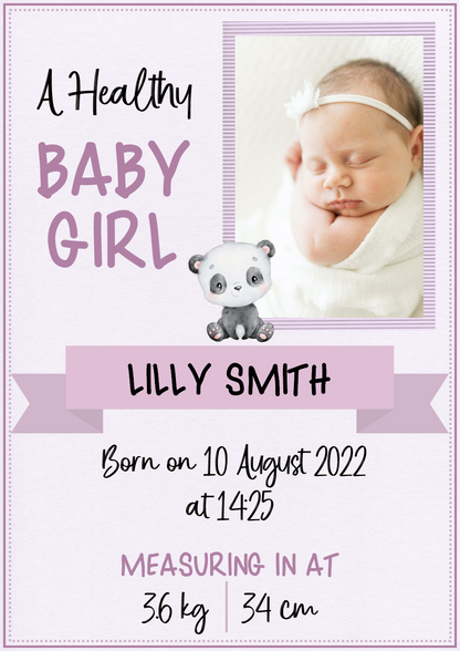 DIGITAL CARD: Baby Birth Announcement - Purple Panda (English or Afrikaans)