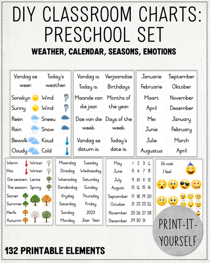 DIY CLASSROOM CHARTS BUNDLE:  Preschool Set - Weather, Calendar, Seasons, Emotions