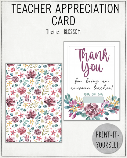 READY TO PRINT:  Teacher Appreciation Cards - Blossom