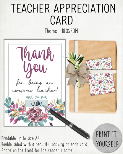 READY TO PRINT:  Teacher Appreciation Cards - Blossom