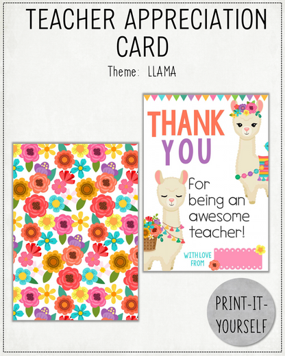 READY TO PRINT:  Teacher Appreciation Cards - Llama