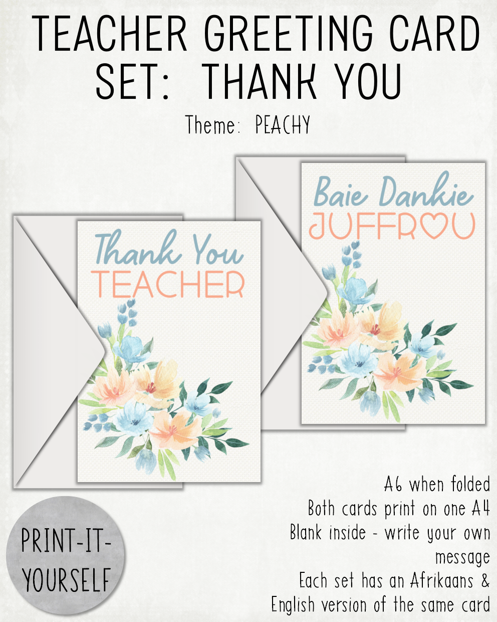READY TO PRINT: Teacher Greeting Card Set: Thank You - Peachy