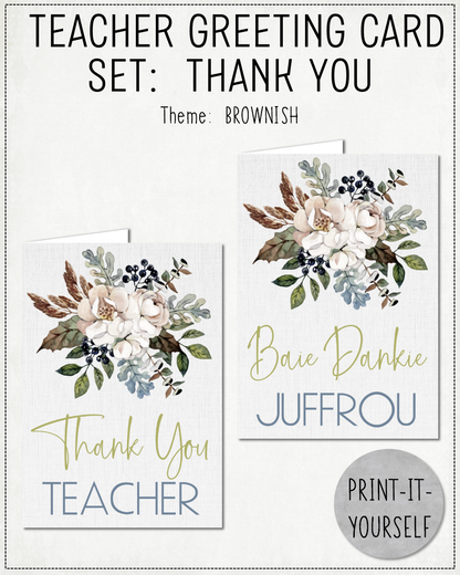 READY TO PRINT: Teacher Greeting Card Set: Thank You - Brownish