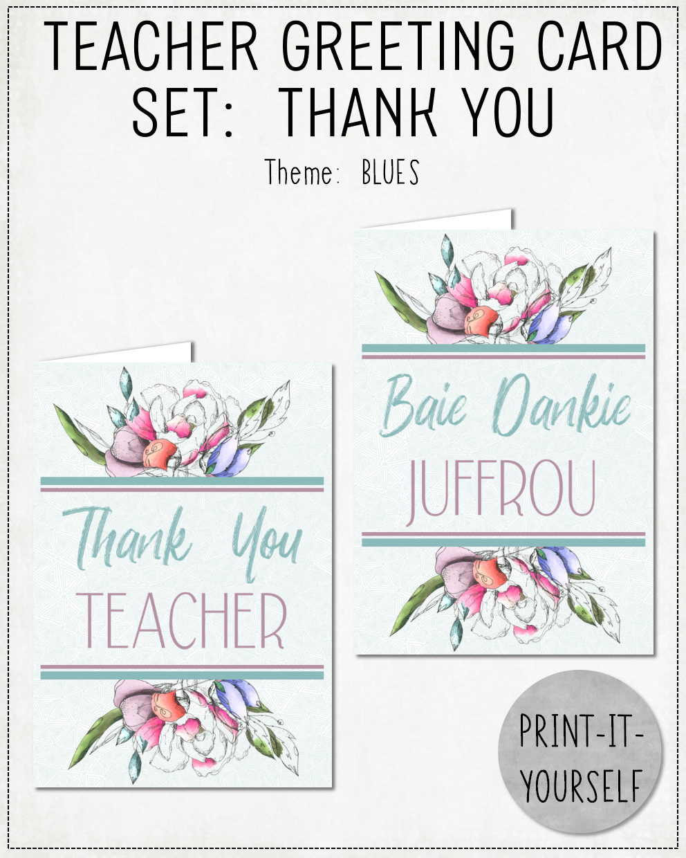 READY TO PRINT: Teacher Greeting Card Set: Thank You - Blues