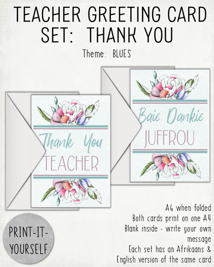 READY TO PRINT: Teacher Greeting Card Set: Thank You - Blues