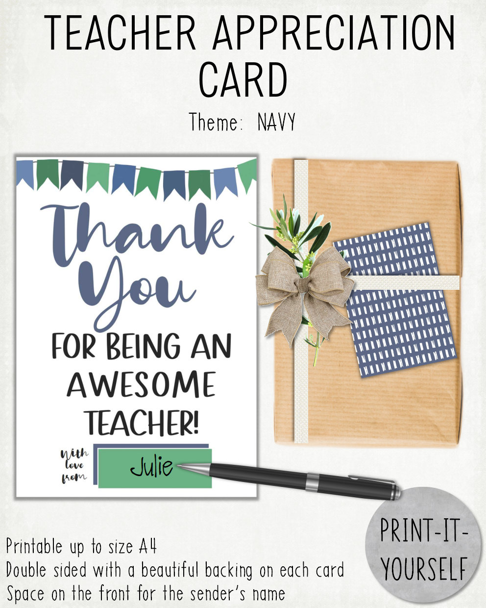 READY TO PRINT:  Teacher Appreciation Cards - Navy
