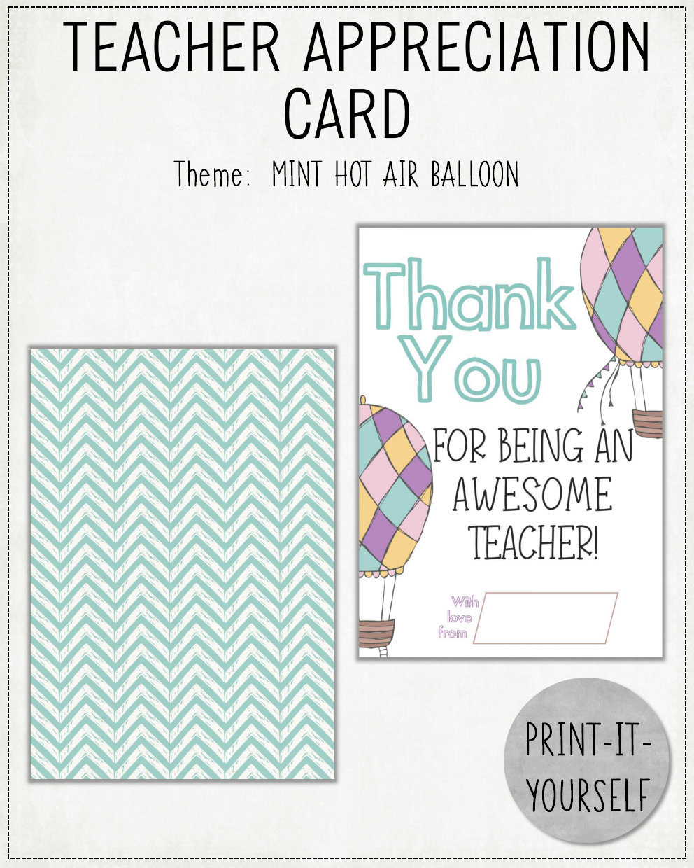 READY TO PRINT:  Teacher Appreciation Cards - Mint Hot Air Balloon